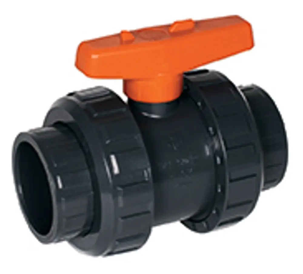 Kugelhahn mit orangefarbenem Griff und schwarzen Anschlussflanschen, gefertigt von Grünbeck, zur Regelung von Wasserströmen in Rohrleitungen.